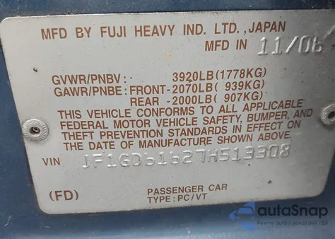 2007 Subaru Impreza 2.5I z USA, uszkodzony, nr VIN JF1GD61627H513308